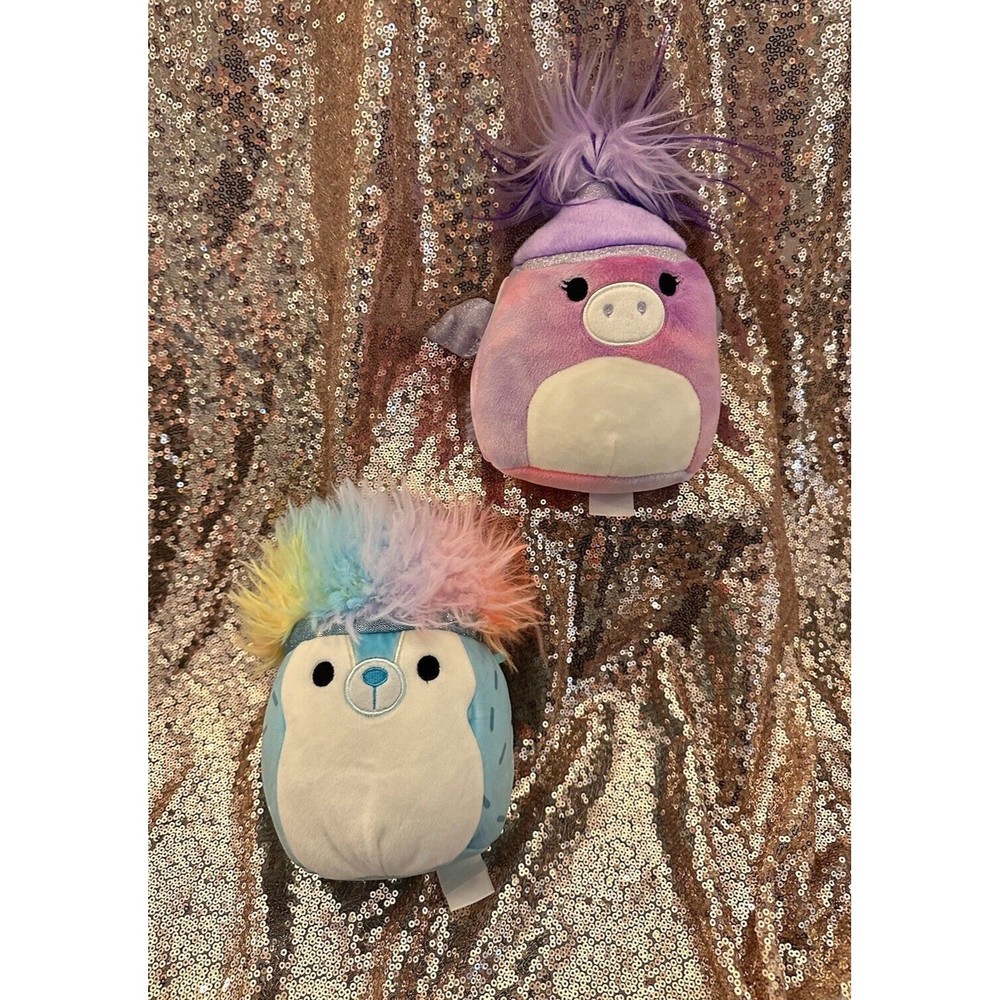 2 Squishmallows Kellytoy Jerry Teal Hedgehog + Willow Purple Pegasus Hair